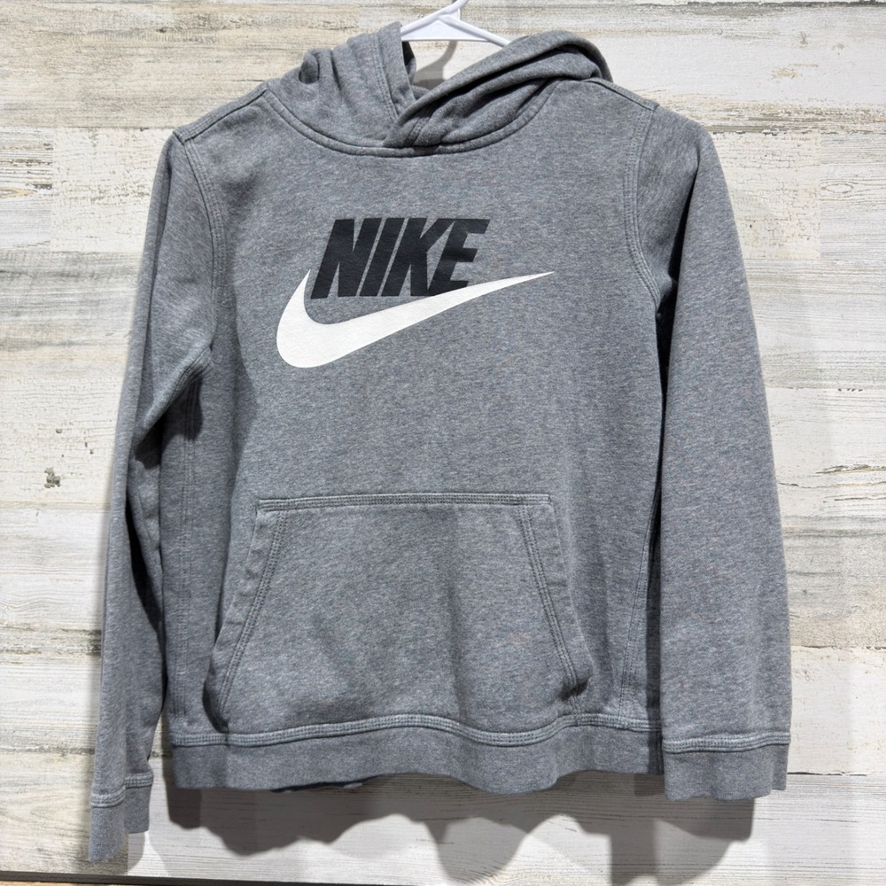 Nike Pullover Hoodie Kids Large Gray Graphic Swoosh Sportswear *Flawed*